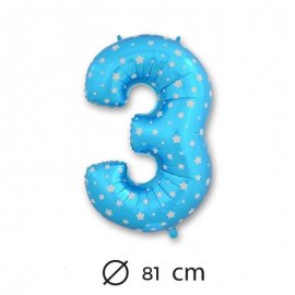 Palloncino Numero 3 Foil Blu con Stelle 81 cm